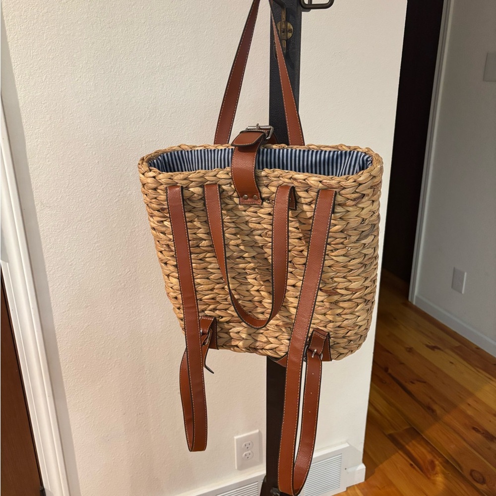 Tan and Brown Woven Backpack with Leather Straps